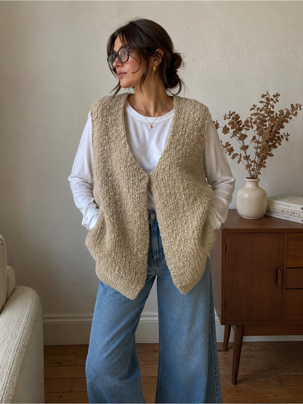 POL Oversized Chunky Grandpa Wool Cotton Cardigan Sweater Teddy Vest Women Large